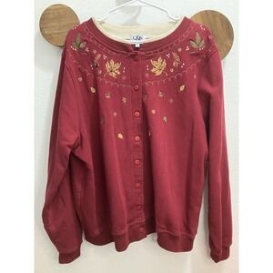 Vintage C&K Designs Women's 1X Burgundy Cardigan Fall Leave Grandmacore Cottage